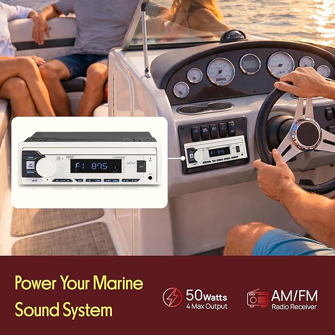 Pyle Marine Radio Single DIN Receiver – Bluetooth Wireless Streaming, AM/FM Tuner, USB/AUX MP3 Playback, Hands-Free Calling, Remote Control, RGB Buttons, Splash-Resistant Stereo Upgrade