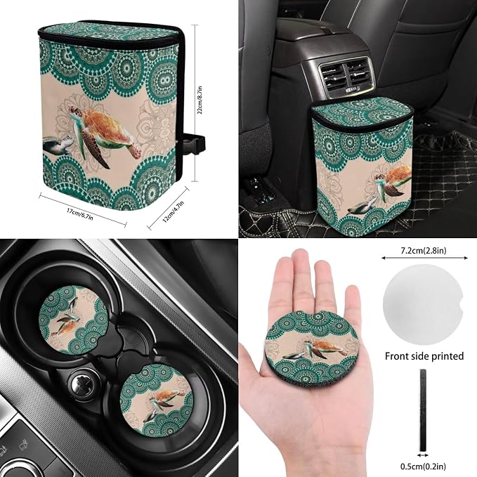 Suobstales Boho Mandala Turtle Print 13 PCS Car Accessories Auto Seat Covers Set with Steering Wheel Cover, Seatbelt Pads, Trash Can, Rearview Mirror Cover, Coasters, Keychain for SUV Trunk Sedan