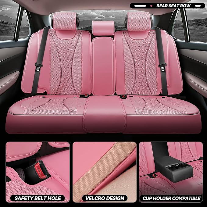 Auto Dynasty Car Seat Covers Full Set, Anti-Slip Automotive Interior Covers with Storage Pocket, Breathable Car Seat Protectors, Airbag Compatible, Fit Most Vehicles, Diamond Stitch Mesh Pink