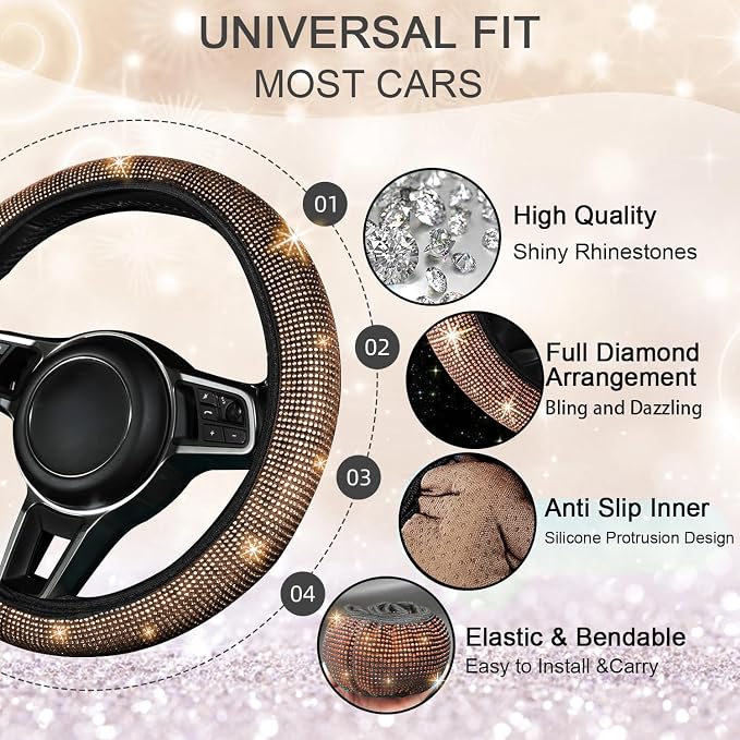 NBTEPEM Bling Car Floor Mats Full Set and Steering Wheel Cover, Universal Fit Most Cars, 4 pcs Sparkle Glitter Diamond Carpet, 5 pcs Bling Car Accessories Set for Women (Champagne Diamond)