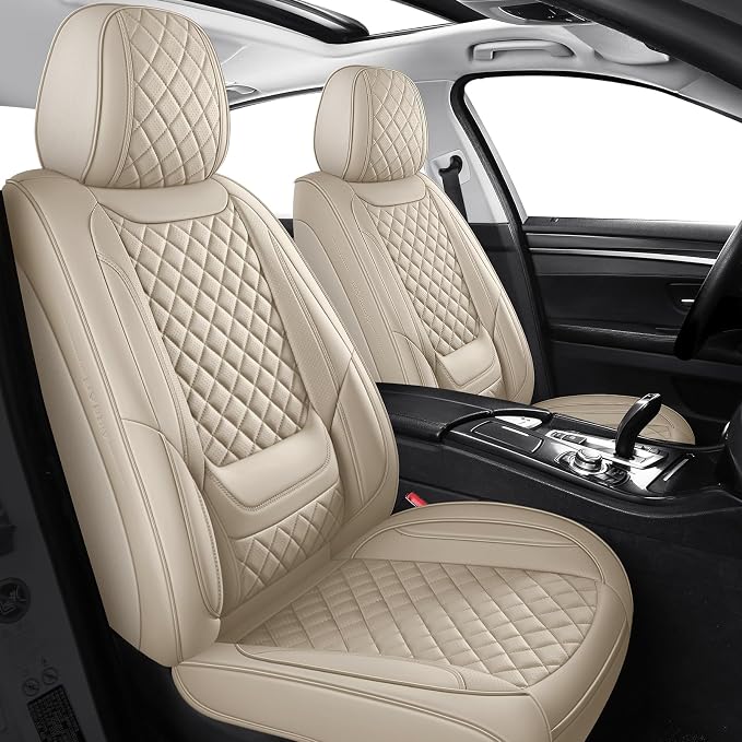 Beige Leather Car Seat Covers Front Seat Breathable Seat Protectors Waterproof Automotive Seat Covers Universal Fit for Most Cars SUVs Trucks Vehicles