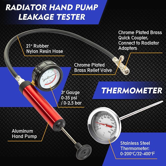 Coolant Pressure Tester Kit, Radiator Pump Pressure Tester with Vacuum Pump Vacuum Purge & Refill Tool, Automotive Cooling System Water Tank Leak Detection Tool (15 PCS)
