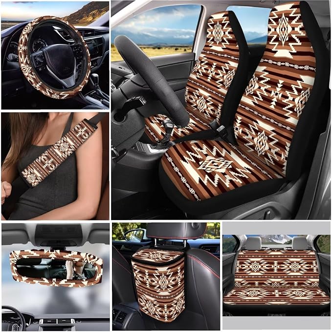Brown Aztec Car Seat Covers Full Set of 12 with Steering Wheel Cover Seat Belt Pads Car Trash Can Soft Rear View Mirror Cover Coasters Keychain Holder Keychains