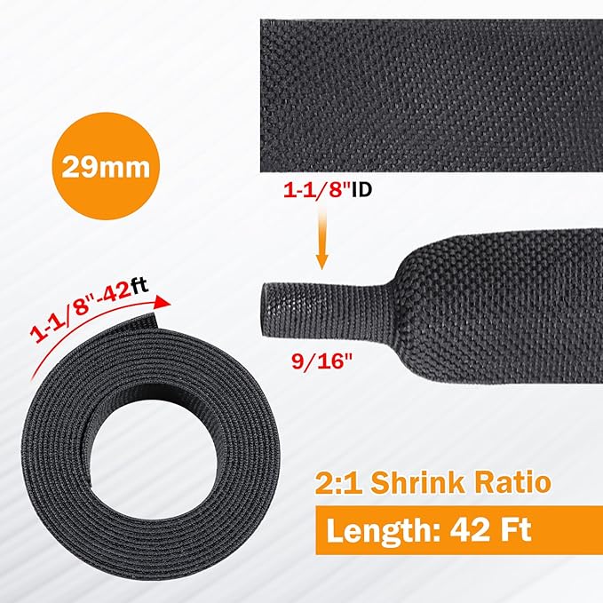 50% Woven Wire Loom Heat Shrink Braided Sleeving Shrinkable Fabric Cable Sleeve Braid Hose Covering Protection for Automotive Wire/Harness/Sheath(1-1/8"-42ft)