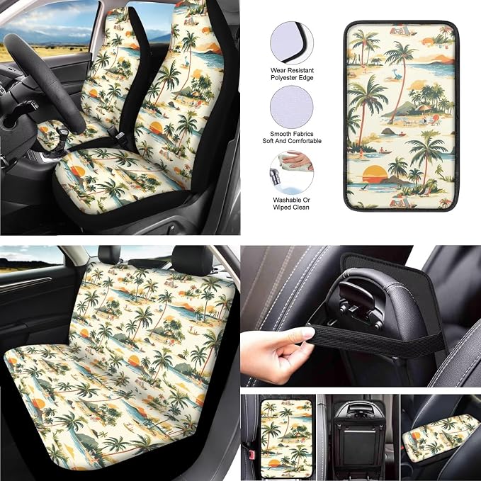 Coconut Tree Car Seat Cover Full Set of 13, Hawaii Beach Vehicle Headrest Cover Cup Holder Coaster, Tropital Sunset Automotive Interior Covers for Sedans Trucks