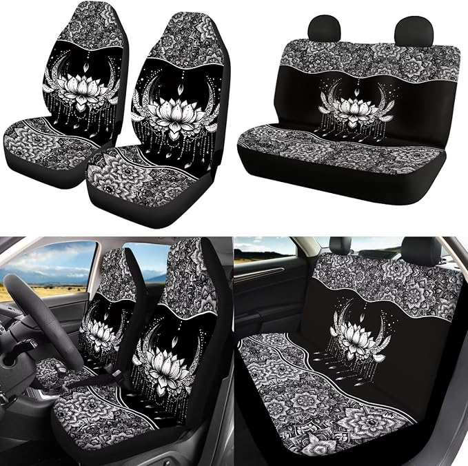POLERO Boho Car Accessories Car Seat Covers Full Set Womens Aesthetic Mandala Floral Steering Wheel Cover Seat Belt Cover Pad Cup Holder Coasters Keychain Sets 11pcs