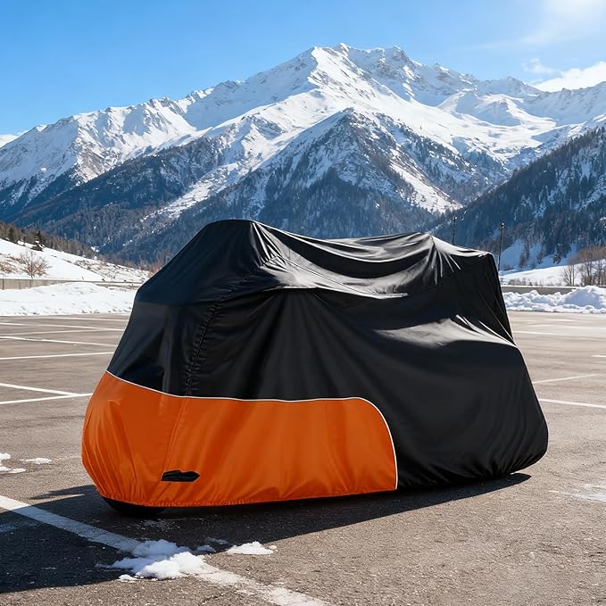Motorcycle Cover Heavy Duty Waterproof, for Motorcycle with Side+Top Box, Compatible with Harley Davidson Ultra Ltd, Road Glide Ltd, Honda Goldwing, BMW, Indian Motorcycle Accessories, Black/Orange