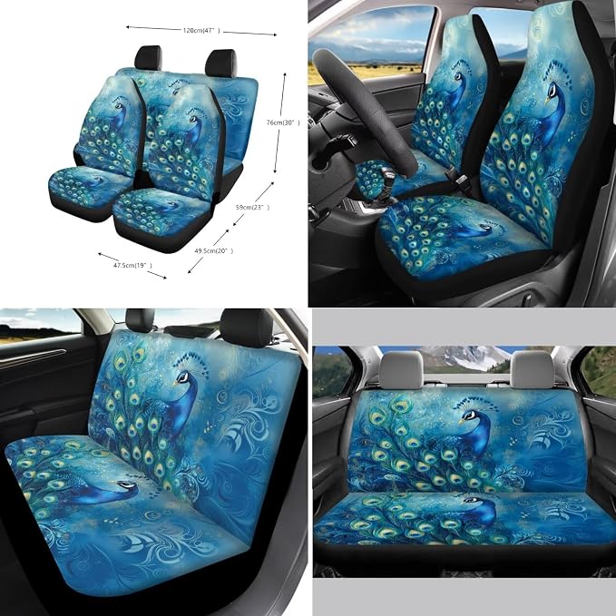 Suobstales Blue Peacock Print Car Seat Covers Front Back Split Bench Protector for SUV Truck Van, 15 Inch Steering Wheel Covers, Seat Belt Covers, Coasters, Keychain Auto Decor for Women Men