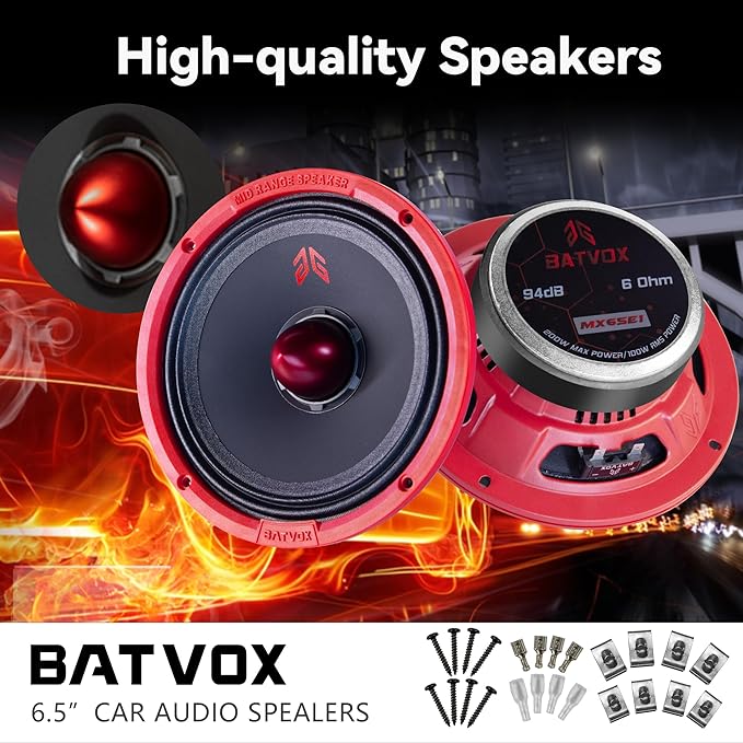 MX65E1 Loudspeaker 6.5 Inch Midrange 400 Watts 6 Ohms Red Bullet, Premium Quality Audio Door Speakers for Car or Truck Stereo Sound System, Red (2 Speakers)