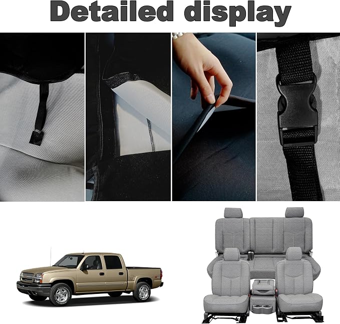 Seat Covers for Chevy Silverado & GMC Sierra 1500 1999 2000 2001 2002 2003 2004 2005 2006 Heavy Duty Cloth Protector Interior Accessories，Waterproof & Machine Washable-Gray (Full)