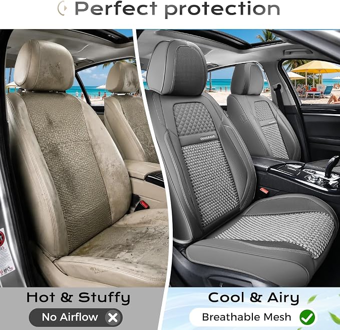 Coverado Car Seat Covers Front Seats, Waterproof Front Seat Covers Nappa Leather Seat Covers for Cars, Breathable Summer Car Seat Cushion Universal Fit for Most Cars SUV Trucks(Front, Gray)