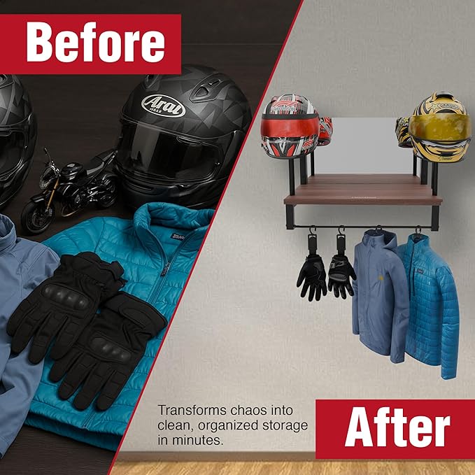 Motorcycle Helmet Holder Wall Mount with Mirror, Rustic Helmet Rack & Gear Hooks, Helmet Hanger Wall Mount for Gloves, Keys & Accessories, Wood & Metal Helmet Display Organizer for Entryways/Garages