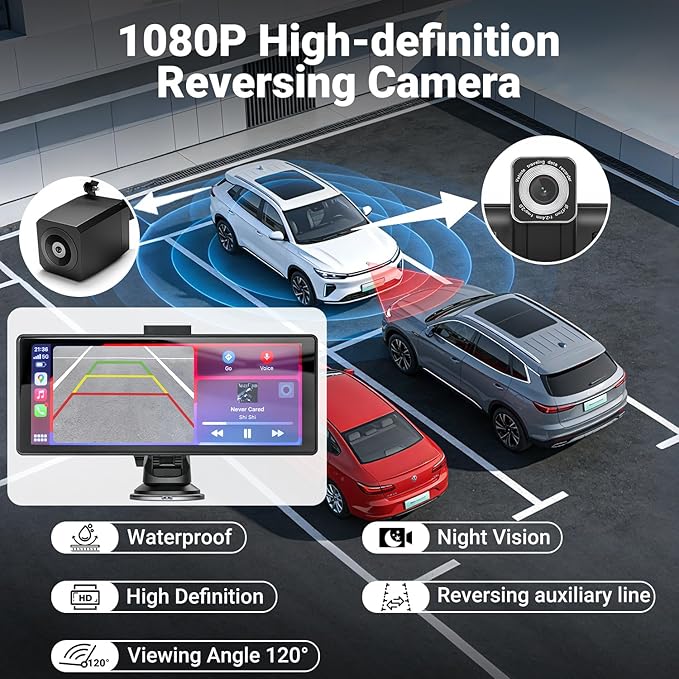 Wireless Carplay Screen for Car 10.26" Portable Touchscreen Car Stereo for Apple Carplay & Android Auto with 4K 360 Rotation Dash Cam & 1080P Backup Camera, Mirror Link, Siri, GPS Navigation, FM