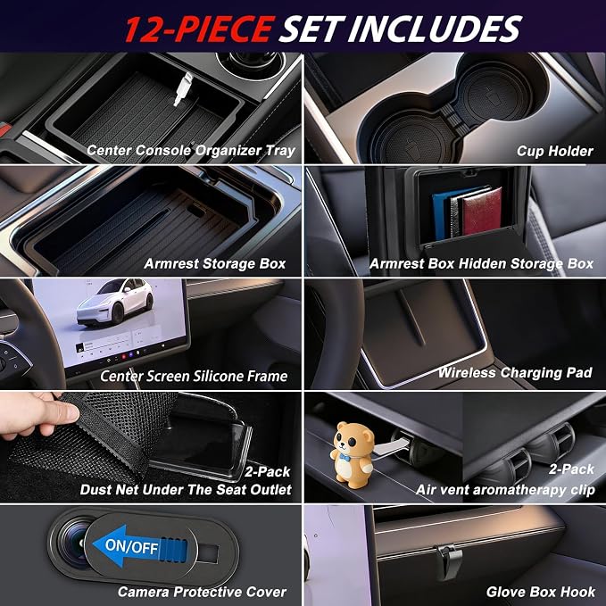 Center Console Organizer Tray for Tesla Model Y Juniper Accessories 2026 and Model 3 Highland Accessories 2024 2025 2026 for Tesla Accessories Cup Holder Matte Black (12PCS-My Juniper 2026+)