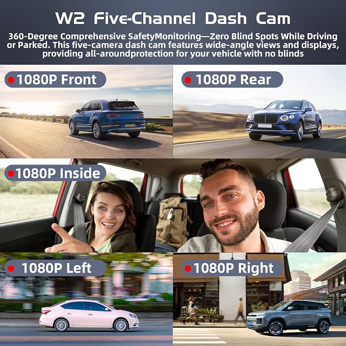 5Channel Dash Cam,Front and Rear, 360° Dash Camera, 2160P/1080P UHD, Super Night Vision with IR LEDs, Built-in 5G WiFi, G-Sensor, 24-Hour Parking Monitoring, Includes 64GB TF Card, 3Inch Screen