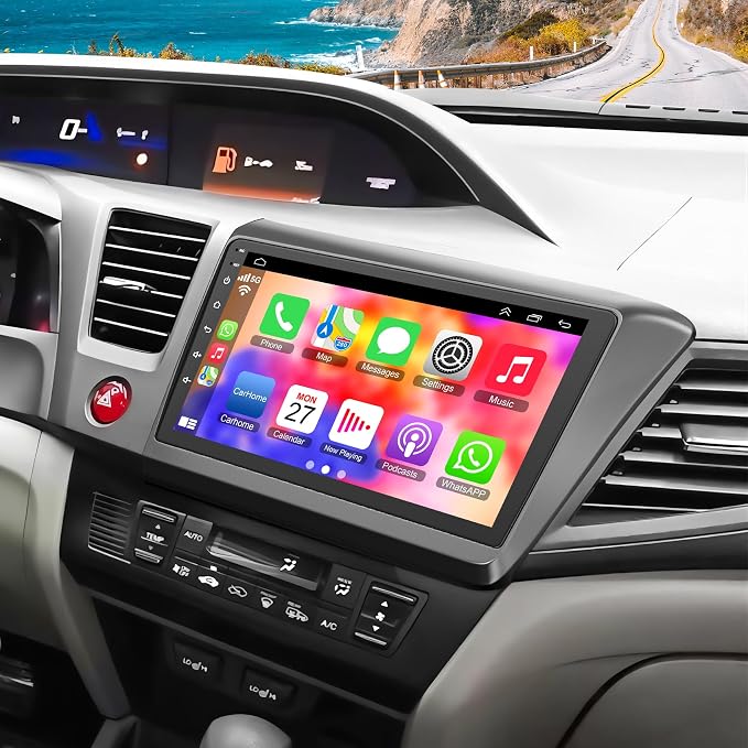 4G+64G Car Radio for Honda Civic 2012-2015 with Wireless Carpaly & Android Auto,9 Inch IPS Touch Screen Car Stereo with GPS Navigation/Bluetooth 5.2/FM/Backup Camera/WiFi/SWC/HiFi
