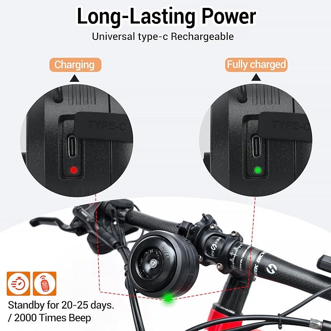 Electric Bike Horn and Alarm System, 125dB, USB-Rechargeable, Waterproof, Remote Control