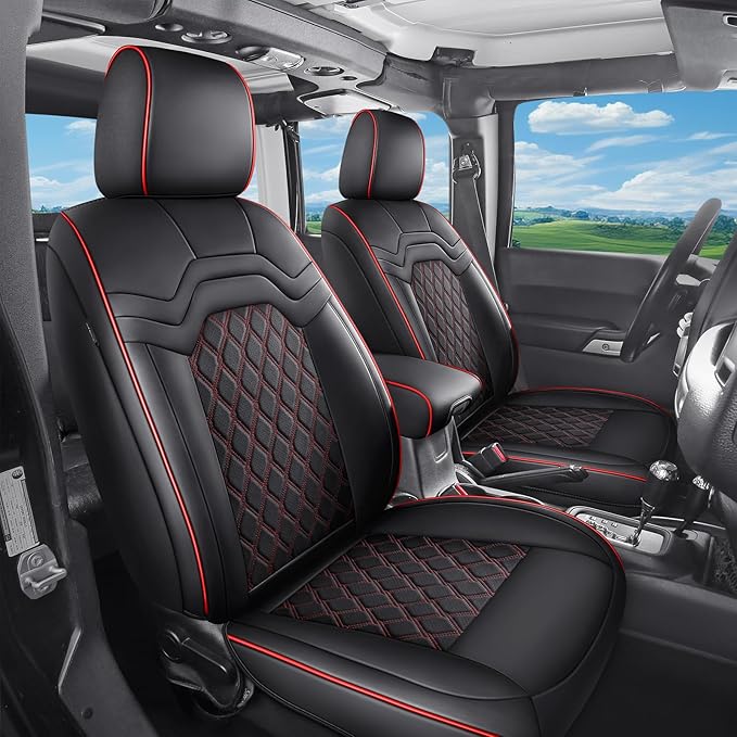Huidasource Ford F250 Black&Red Front Seat Covers, 360° Full Wrap Leather Seat Cushion Cover Fit for Ford F150 2015-2026, F250 F350 F450 2017-2026 All Cab XL XLT Lariat King Ranch Platinum