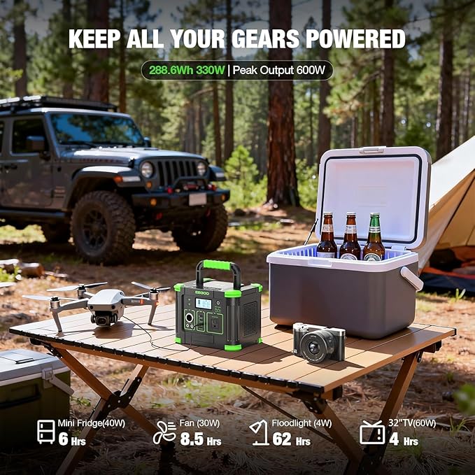 Portable Power Station 330W Solar Generator 288Wh, 60W USB-C PD Fast Charging, Pure Sine Wave AC Outlet, 5W Wireless Charger, LED for RV Camping, CPAP Emergency Backup & Off-Grid Living (Peak 600W)
