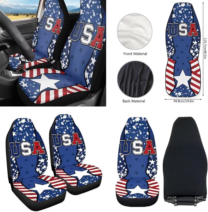 Howilath American Flag Stars Auto Front Seats Protector with Steering Wheel Cover/Seatbelt Pads/Armrest Cushion/Keychain/Car Coasters Set of 10 Accessories Interior Decor