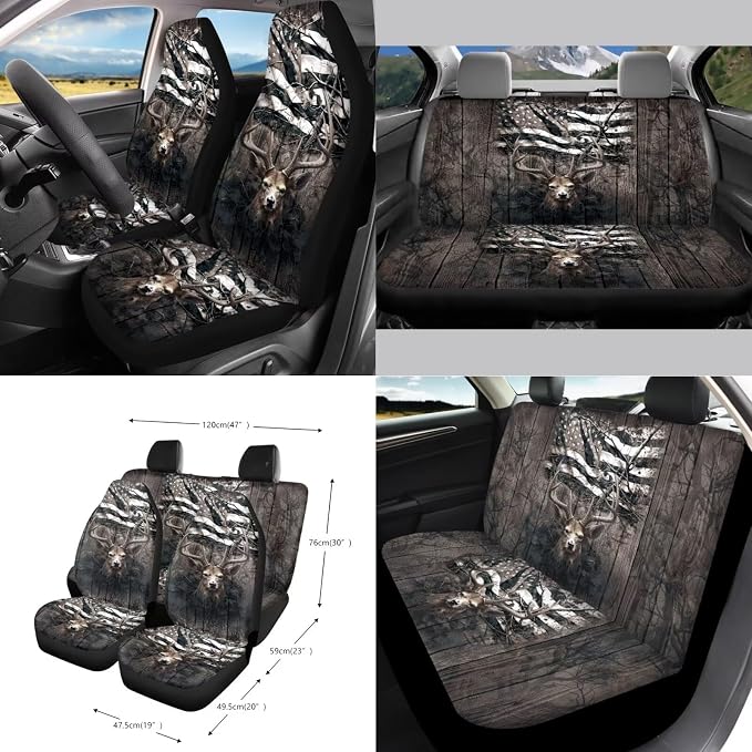 Deer Wood American Flag Pattern 15 PCS Car Interior Accessories, Car Seat Covers + Steering Wheel Cover + Seat Belt Pad + Trash Can + Keychain + Air Vent Storage Bag + Coasters