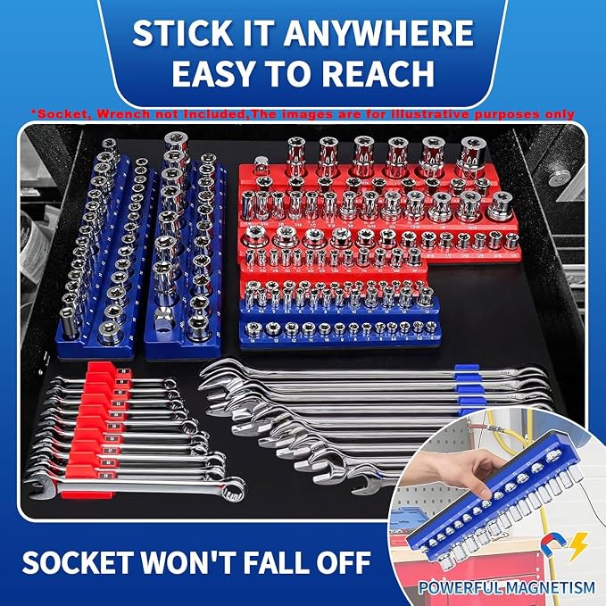 Magnetic Socket Organizer Set, 8PCS Socket Holder with 6 Socket Trays & 2 Wrench Racks, Metric & SAE Tool Box Organizer 1/4", 3/8", 1/2" for Garage, Toolbox, Workbench(Socket, Wrench not Included)