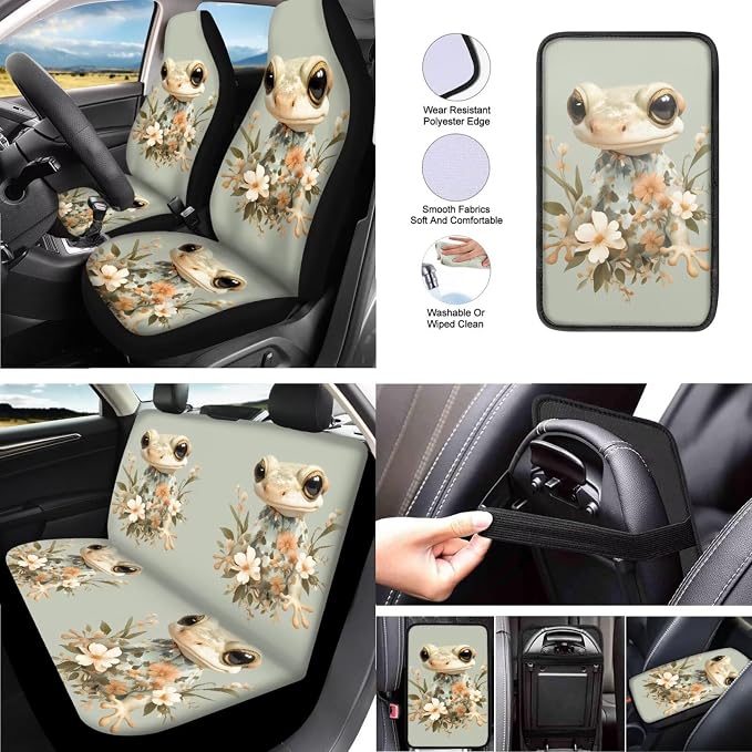 13 Pack Car Seat Covers Full Set, Leopard Gecko Seat Cover Steering Wheel Cover Lizard Seat Belt Pads, 3D Vivid Leopard Gecko Auto Front and Rear Bench Seat Protector