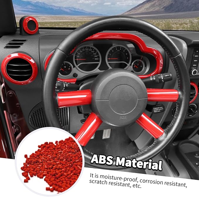 Jimen Fit for Jeep Wrangler JK JKU 2007-2010, 14PCS Interior Kits - Instrument Panel Dashboard Cover, AC Vent Ring, Passenger Grab Handle Trim, A Pillar Speaker Cover (Red)