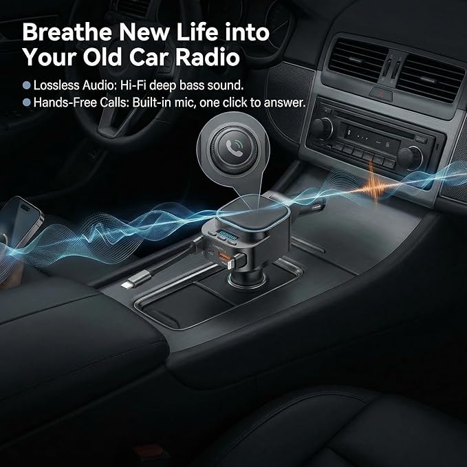 Bluetooth 5.3 Car Adapter, 96W FM Transmitter, 4-in-1 Retractable Charger | 96W Fast Charging | Bluetooth 5.3 Auto-Reconnect | 2 Retractable Cables (USB-C+Lightning) | 2 USB Ports | AUX+FM