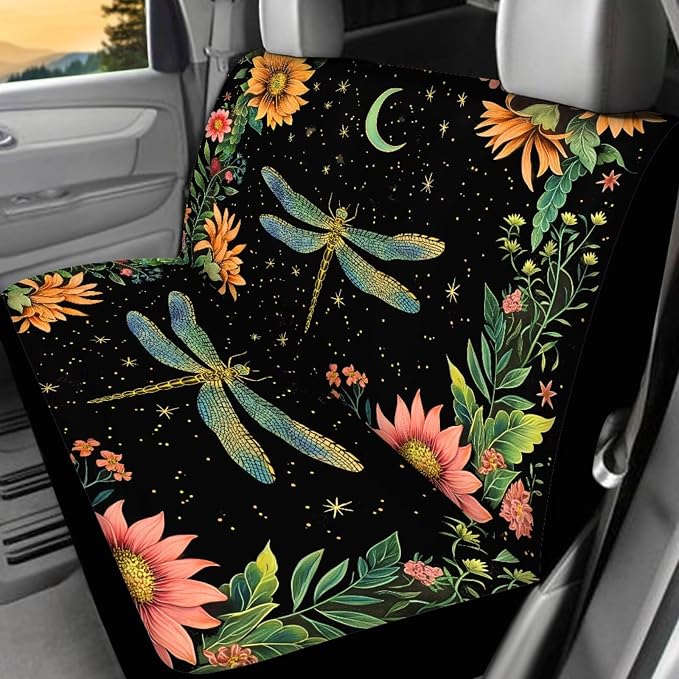 Dragonfly Car Accessories Set 17 Pack Starry Sky Dragonfly Car Seat Covers Full Set with Car Floor Mats All Weather,Cup Coaster,Seat Belt Shoulder Pad,Lip Stick Holder Keychain,Universal Fit
