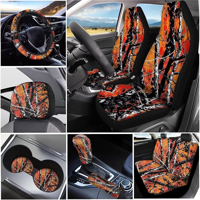 KEIAHUAN Camo Hunting Design Car Seat Cover Full Set 11 Pieces Front & Back with Handbrake Cover Gear Shift Cover,Steering Wheel Cover,Stretchy Headrest Cover,Auto Cup Coasters Universal Fit