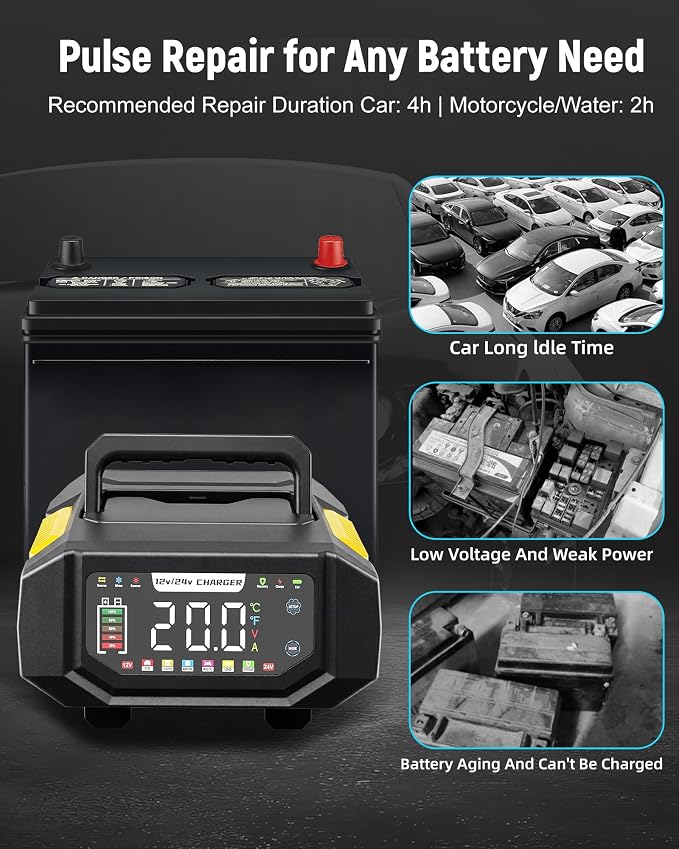 1-20A Smart Battery Charger, 12V/24V Automatic Automotive Battery Maintainer & Desulfator with Temperature Compensation, Adjustable Amp Trickle Charger for Lead-Acid, AGM, Gel, LiFePO4