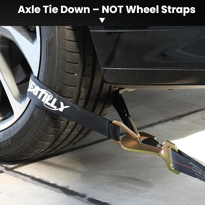 Over Wheel Tie Down Straps for Trailers, 4 Pack 2" x 10' Heavy Duty Ratchet Straps 10,000 lbs Break Strength, Tire Lasso Straps with Snap Hooks for Car Hauler, UTV, ATV, Includes (4) 36" Axle Straps
