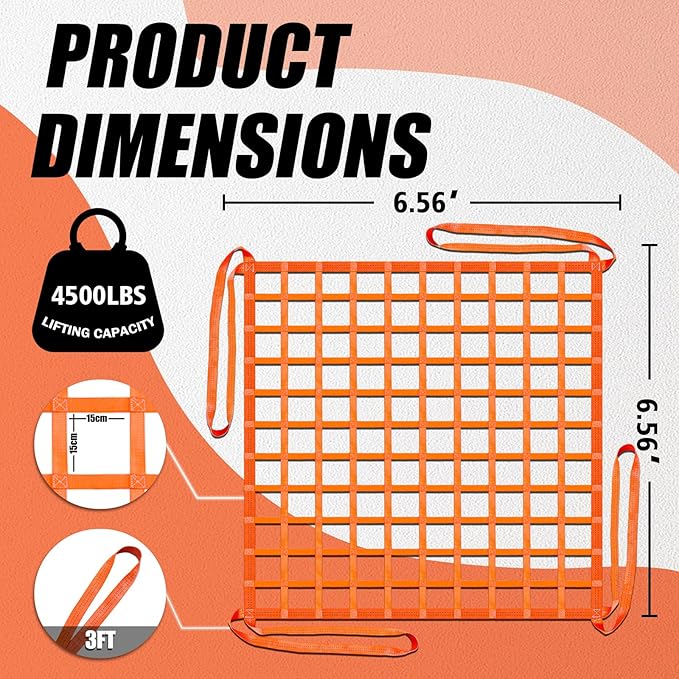 YATOINTO Cargo Lifting Net 6.56'x6.56', Lifting Net Straps for Hoist 4500lbs Load Capacity, Nylon Sling Hoisting Net 15CM Square Hole for Construction Rigging Moving Towing Hoisting Unloading