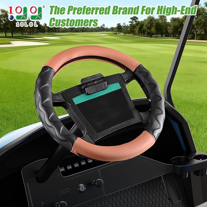 10L0L Golf Cart 14" Steering Wheel Cover for Club Car DS Precedent and Yamaha Models, Breathable Rubber Leather Materials,Good Texture Nice Look（Black+Brown）