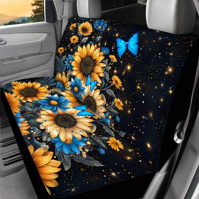 Butterfly Sunflower Print Car Seat Covers Full Sets 18 Pcs Universal Car Interior Accessories Sets Sunflower Print Steering Wheel Car Covers Auto Trash Can Car Headrest Covers Seat Belt Pads