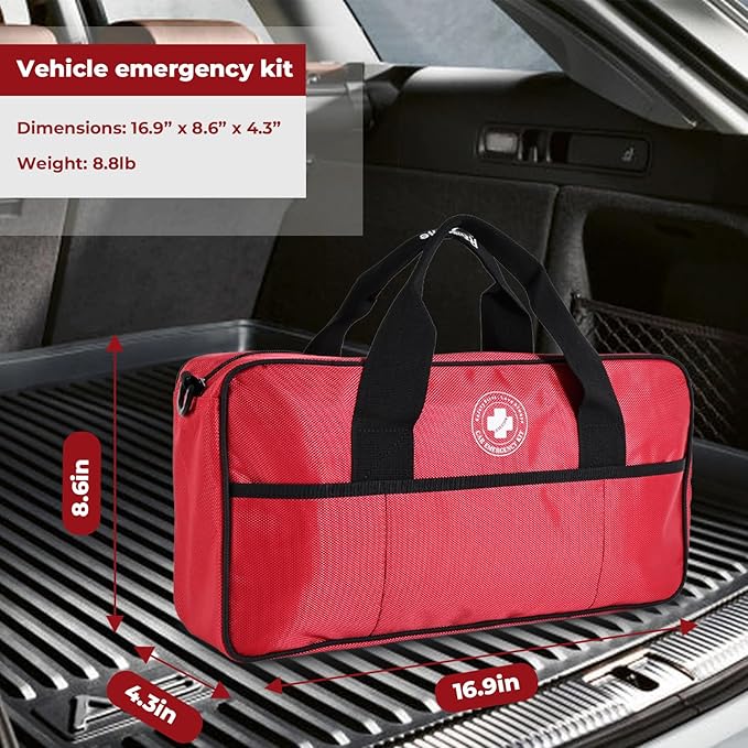 All-in-One Car Emergency Kit with Digital Tire Inflator, Jumper Cable, Tow Strap, Reflective Triangle, First Aid Kit, Hand Crank Flashlight, and Repair Tools for Roadside Safety (Red)