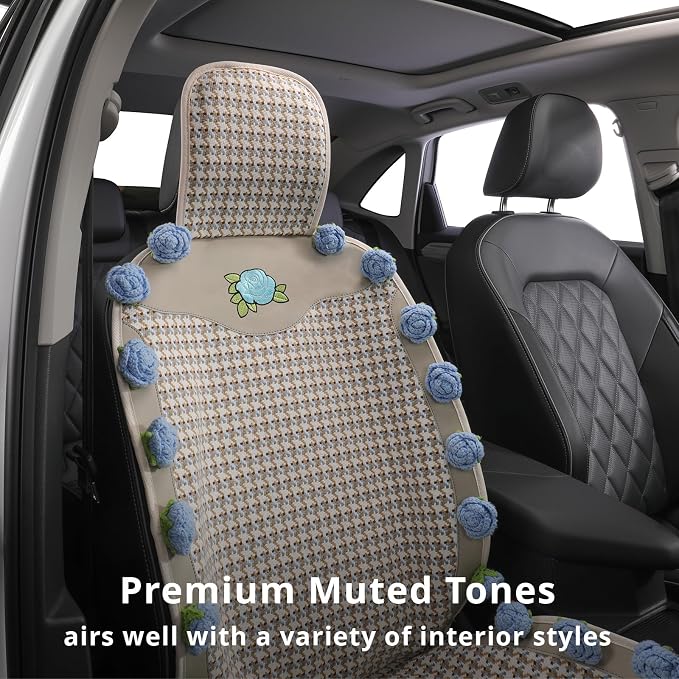Universal Seat Covers for Cars,SUVs&Trucks,Handmade 3D Blue Rose Seat Protector,Leather&Houndstooth Cotton-Linen Floral Seat Cover,Cute Car Accessories for Women (1-Piece)