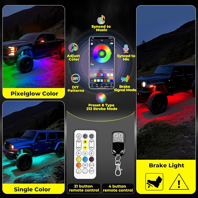 12 Pods 9 Side 216 LEDs Rock Lights, App/2 Remote Control RGB Underglow Lights Compatible with 12V Trucks Jeep UTV ATV Golf Cart,Brake Signal,Waterproof,Music Mode,Plug and Play,Multi-Color(Patented)