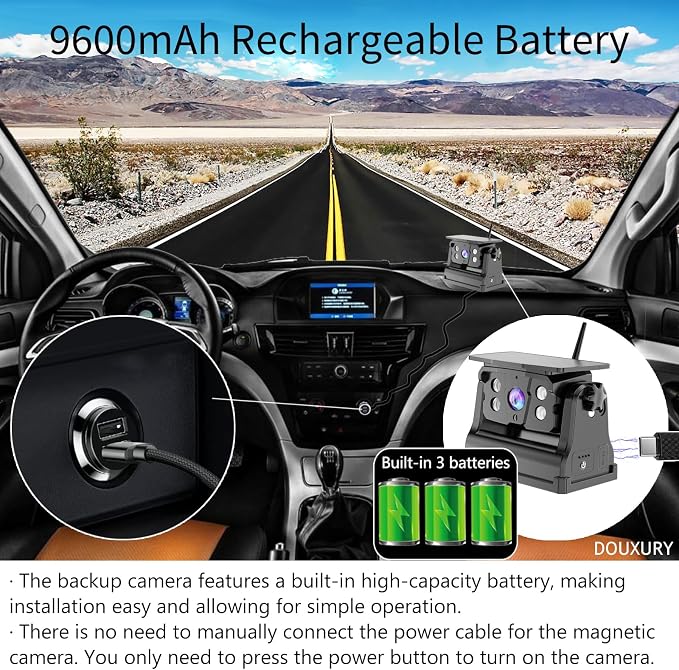 Wireless Backup Camera Solar Magnetic for RV Car Trailer Truck Camper 5th Wheels Hitch Towing No Wiring No Drilling Rechargeable Night Vision Portable Backup Camera with 5" 1080P HD 2-Split Monitor