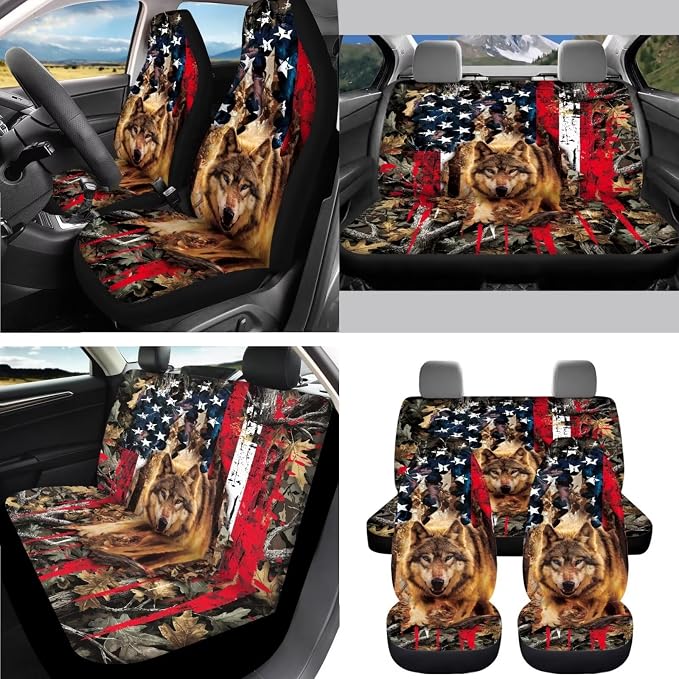 AFPANQZ Wolf Branch Print Car Seat Covers Set of 11 with Steering Wheel Cover+Gear Shift Knob Cover+Auto Handbrake Cover+Seat Belt Strap Pads+Car Coaster