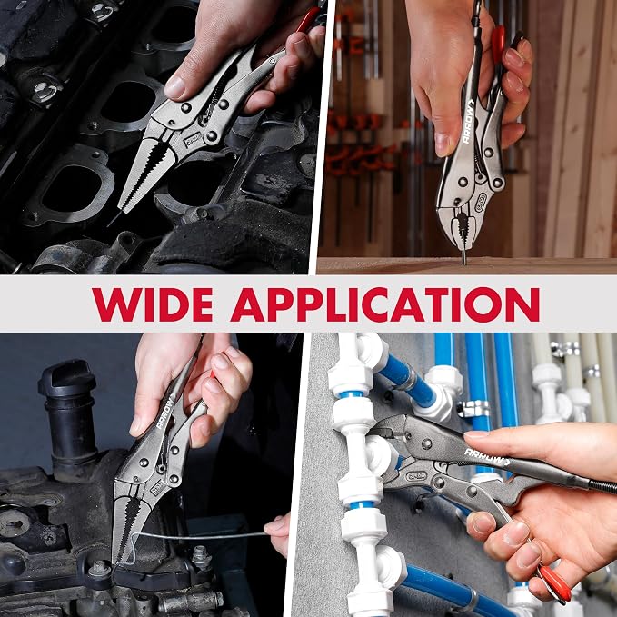 ARROW 5-piece Locking Pliers Set with Rolling Pouch, Chromium-Molybdenum Vice Grips, 5"/7"/10" Curved Jaw, 6.5"/9" Long Nose Vise Grip Pliers