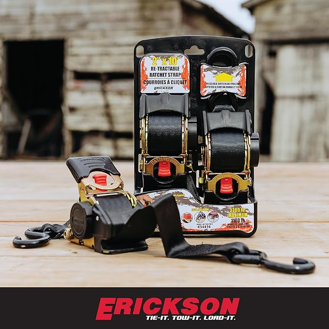 Erickson Pro Series 2in x 10ft Black Retractable Ratcheting Tie-Down Straps, High-Strength Design, 3300 lb Load Capacity, Pack of 2