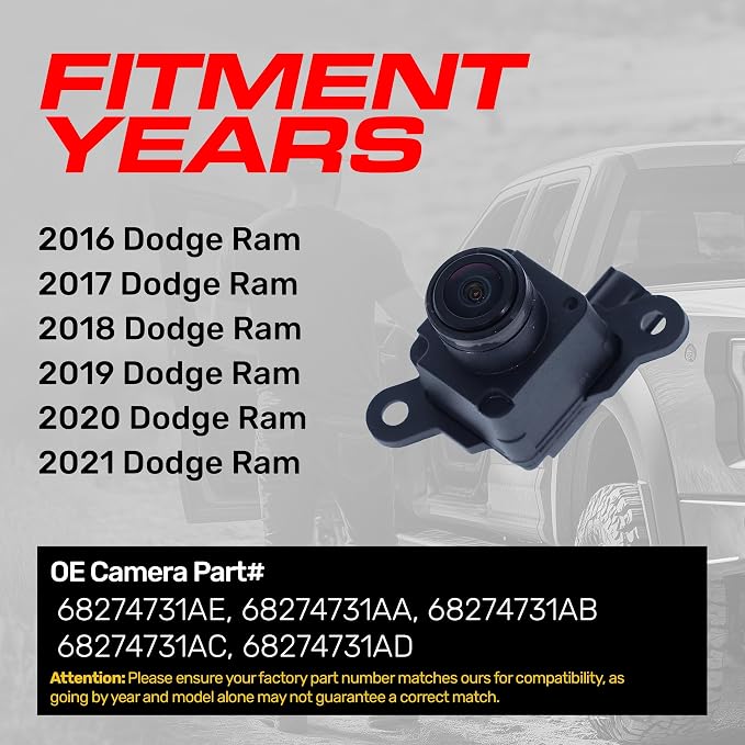 Master Tailgaters Replacement for Dodge Ram (2016-2021) Backup Camera OE Part # 68274731AE, 68274731AA, 68274731AB, 68274731AC, 68274731AD
