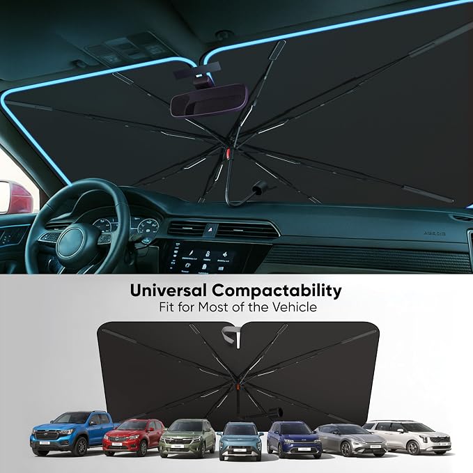 Econour Tesla Model 3/Y Windshield Sun Shade Fit for Tesla 3/Y (2017-2026), Car Window Shade for Front Windshield, Sun Blocker Visor Extender | Heat Protection Front Window Cover 57"x33.5"