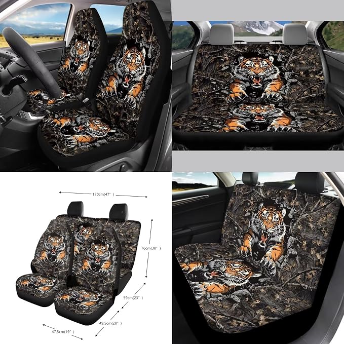 Tiger Forest Camo Print 15PCS Car Seat Protection Steering Wheel Cover, Seat Belt Strap Cover Trash Can Keychain Air Outlet Pocket Mirror Cushion Universal Fit Most Cars