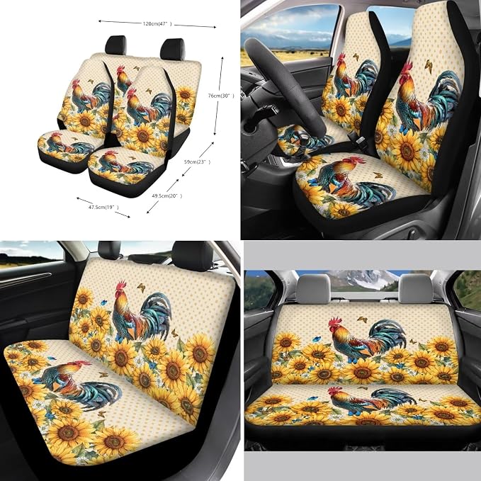 Suobstales Rooster Chicken Sunflower Print Car Seat Covers Full Set Interior Accessories Bucket Seat Cover Rear Split Bench Protection with Steering Wheel Covers,Coaster,Keychains Fits Most Vehicles