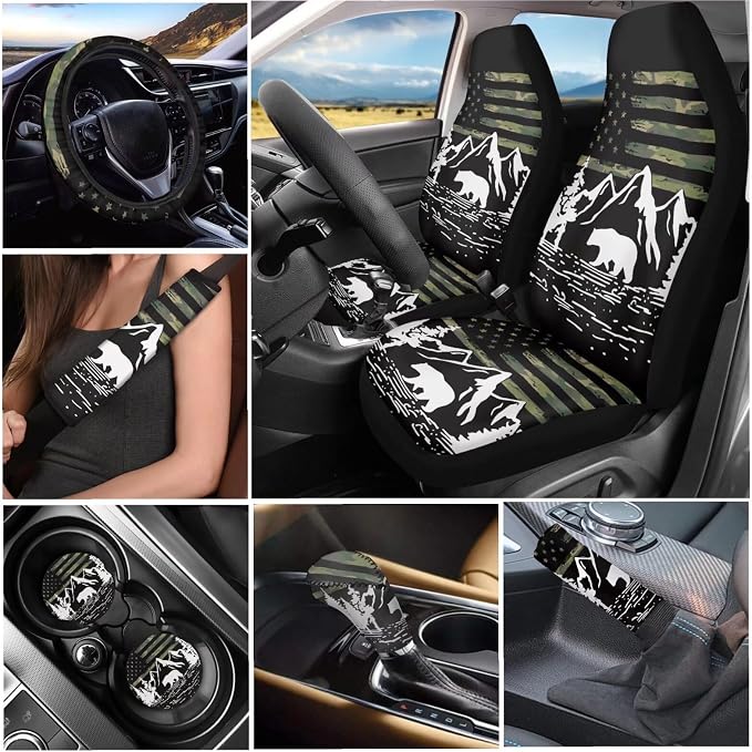 Tupalatus Flag Mountain Car Seat Covers Car Coaster Steering Wheel Cover Seat Belt Shoulder Pads Gear Shift Knob Cover Handbrake Brake Cover Universal Auto Accessories 9 Pack Decor