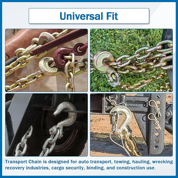1/4 Inch x 20 Feet Transport Binder Chain G80 Safey Tow Chain with Grab Hooks 3300 Lbs Safe Work Load for Transporting Towing Tie Down Binding Equipment