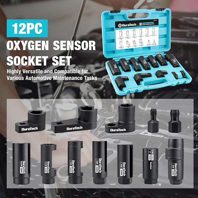 DURATECH 12-Piece Oxygen Sensor Socket Set, O2 Sensor Removal Tool Kit with 22mm, 27mm, 29mm, 7/8" and 1-1/16" Sockets, 3/8" & 1/2" Drive, Thread Chasers, O2 Sensor Socket Set with Storage Case